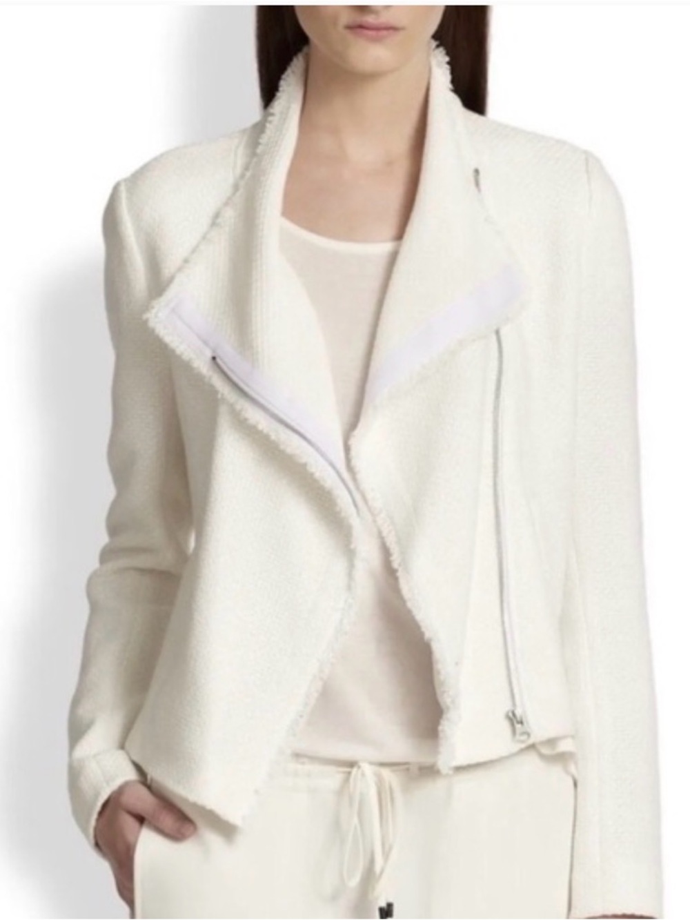 Vince Off-White Frayed-Edge Tweed Moto Blazer